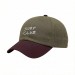 USA-made 6U Khaki-Burgundy Polycotton Twill baseball cap, decorated view, manufactured in Newark NJ