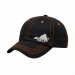 USA-made 6U Black-Blaze Orange Polycotton Twill baseball cap, decorated view, manufactured in Newark NJ