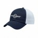 USA-made 6U Navy-White Polycotton Twill baseball cap, decorated view, manufactured in Newark NJ