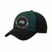 USA-made 6U Hunter Green-Black Domestic Twill baseball cap, decorated view, manufactured in Newark NJ
