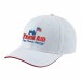 USA-made 6H White-Red Organic Twill baseball cap, decorated view, manufactured in Newark NJ