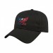 USA-made 6L Black Organic Twill baseball cap, decorated view, manufactured in Newark NJ