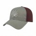 USA-made 6L Light Gray-Burgundy Organic Twill baseball cap, decorated view, manufactured in Newark NJ