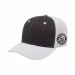USA-made 6S Dark Gray-White Organic Twill baseball cap, decorated view, manufactured in Newark NJ
