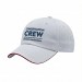 USA-made 6U White-Red Organic Twill baseball cap, decorated view, manufactured in Newark NJ
