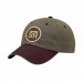 USA-made 6U Khaki-Burgundy Organic Twill baseball cap, decorated view, manufactured in Newark NJ