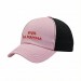 USA-made 6U Pink-Black Organic Twill baseball cap, decorated view, manufactured in Newark NJ