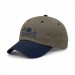 USA-made 6U Khaki-Navy Organic Twill baseball cap, decorated view, manufactured in Newark NJ