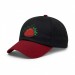 USA-made 6U Black-Red Organic Twill baseball cap, decorated view, manufactured in Newark NJ