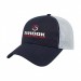 USA-made 6L Navy-White Chino baseball cap, decorated view, manufactured in Newark NJ